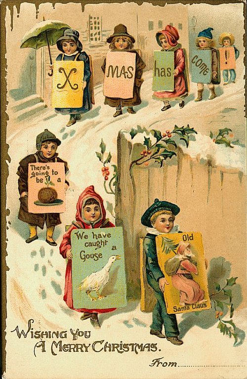 Victorian Christmas Card Children with Holiday Signs 1880s