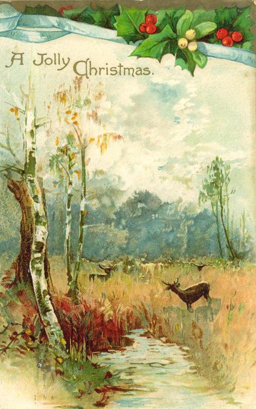 Victorian Christmas Greeting Card with Deer & Birch Trees