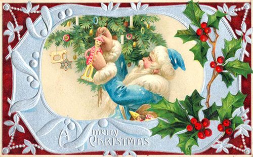 Victorian Christmas Greeting Card with Santa Claus & Holly