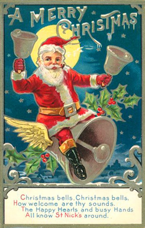 Vintage Merry Christmas Santa Bells Card - Early 1900s Chromolithograph