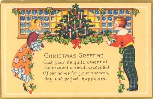 Vintage Christmas Greeting Card Children Window Scene Early 1900s