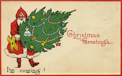 Vintage Christmas Greeting Card Santa with Tree, Early 1900s