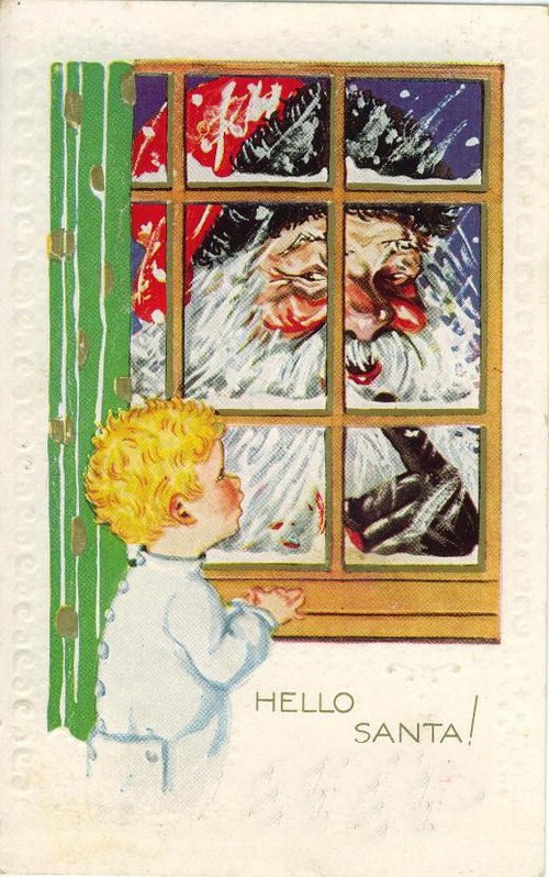 Vintage Christmas Card: Child Peering at Santa Through Window