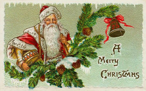 Victorian Santa Claus Christmas Card with Pine Boughs & Bells
