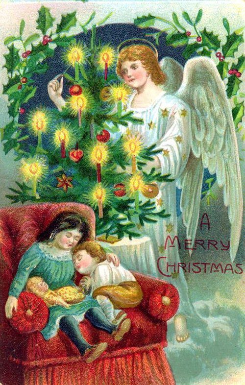 Victorian Christmas Angel Tree Greeting Card | Vintage Holiday