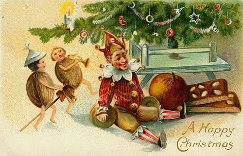 Vintage Christmas Card with Dancing Elves and Holiday Decorations