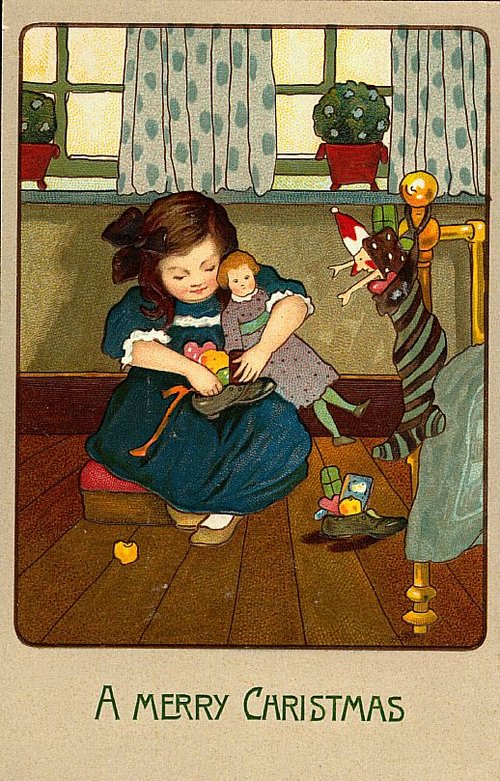 Vintage Christmas Card Girl with Doll & Stocking, Early 1900s