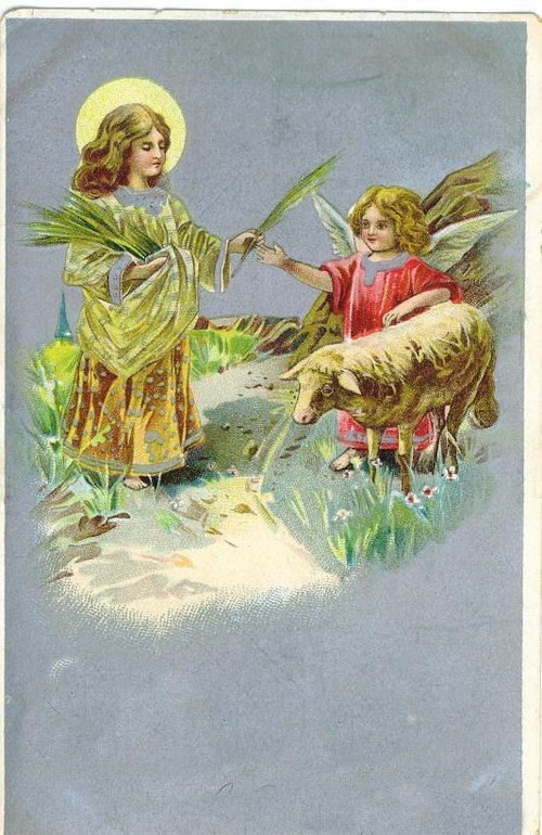 Victorian Religious Easter Greeting Card Angels Lambs
