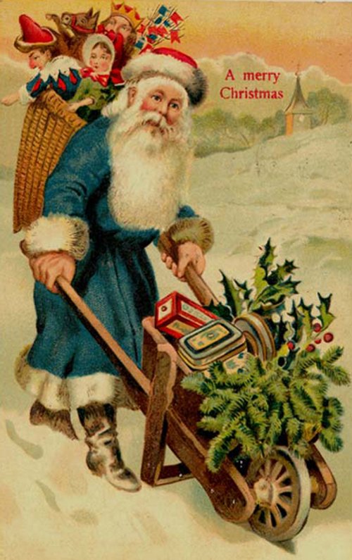 Victorian Santa with Toy Wheelbarrow - Vintage Christmas Greeting Card
