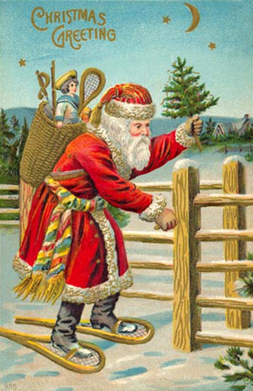 Victorian Santa on Snowshoes Christmas Greeting Card