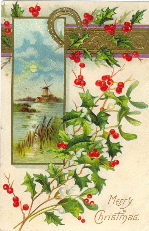 Victorian Christmas Card with Holly Berries and Windmill Scene