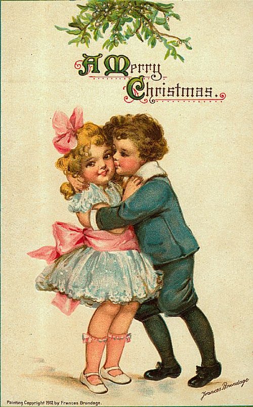 Victorian Children Christmas Greeting Card with Mistletoe