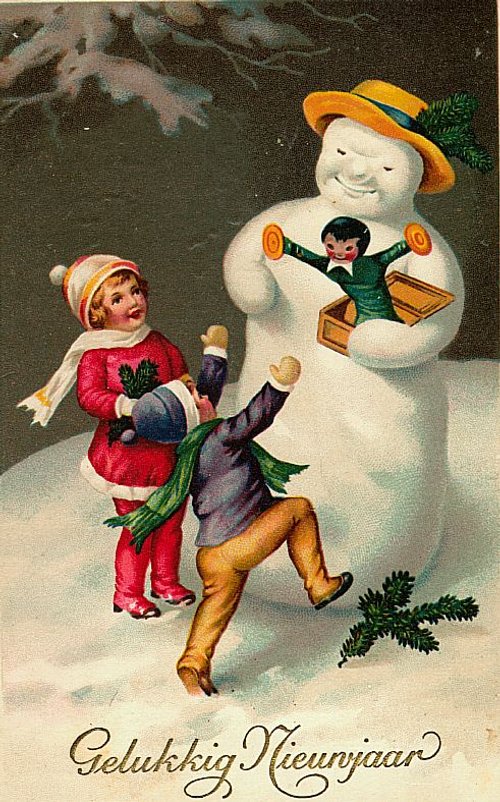 Vintage Dutch New Year Card with Snowman & Children, Early 1900s