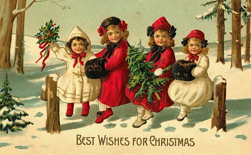 Victorian Christmas Card with Four Children in Winter Snow Scene