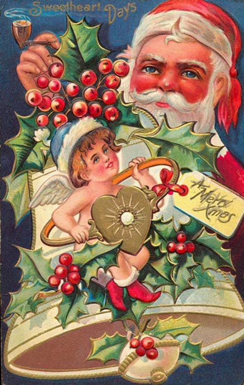 Vintage Santa Christmas Greeting Card with Angel & Holly | Edwardian Era