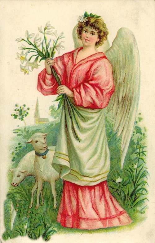 Victorian Angel with Lamb and White Flowers Greeting Card