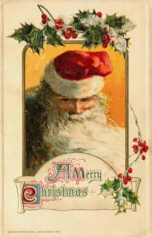 Victorian Santa Claus Christmas Greeting Card with Holly