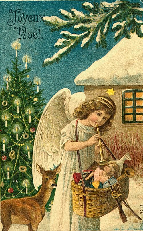 Victorian Christmas Angel Joyeux Noel Greeting Card