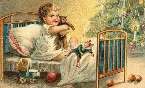 Victorian Christmas Baby with Teddy Bear & Toys Greeting Card