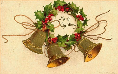Victorian Merry Christmas Holly Bells Greeting Card