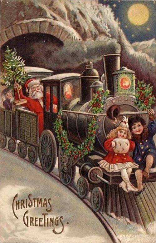 Vintage Christmas Train Santa Greeting Card, Early 1900s