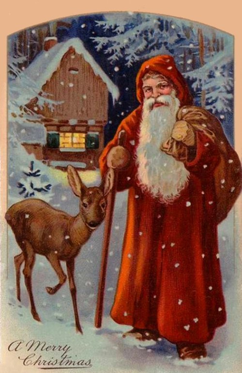 Victorian Santa Claus Christmas Card with Reindeer & Cottage