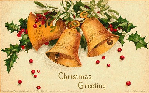 Vintage Christmas Greeting Card with Gold Bells and Holly
