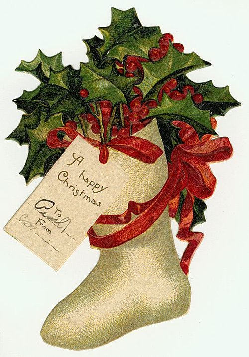 Victorian Christmas Stocking with Holly & Red Ribbon Die-Cut