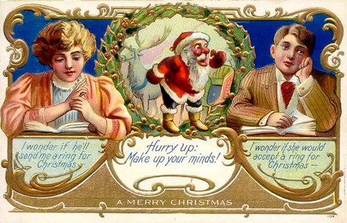 Edwardian Christmas Greeting Card with Santa & Courting Couple