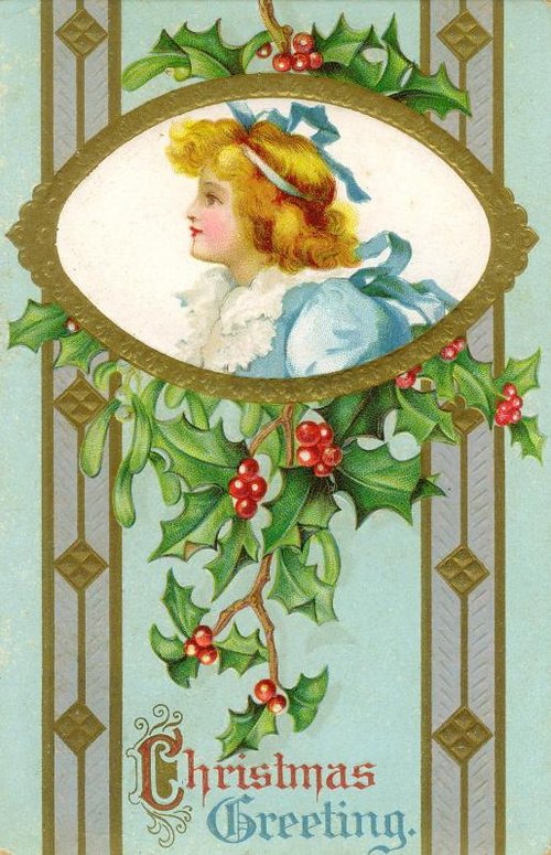 Victorian Christmas Greeting Card with Holly & Blonde Woman Portrait