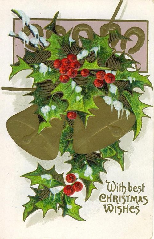Vintage Holly Christmas Card with Gold Bells - Early 1900s