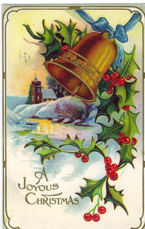 Victorian Christmas Card with Bell & Holly - Snowy Lighthouse Scene