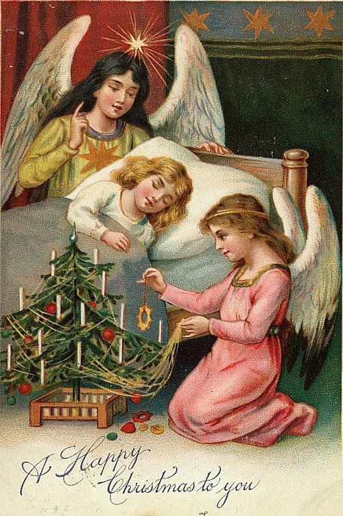 Victorian Christmas Angels Card with Sleeping Child & Tree