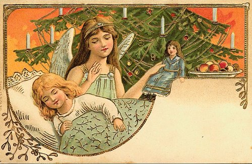 Victorian Christmas Angel Card with Sleeping Child & Decorated Tree