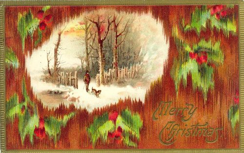 Victorian Winter Scene Christmas Card with Holly Border