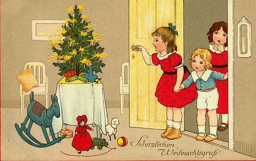 German Christmas Greeting Card: Children & Christmas Tree