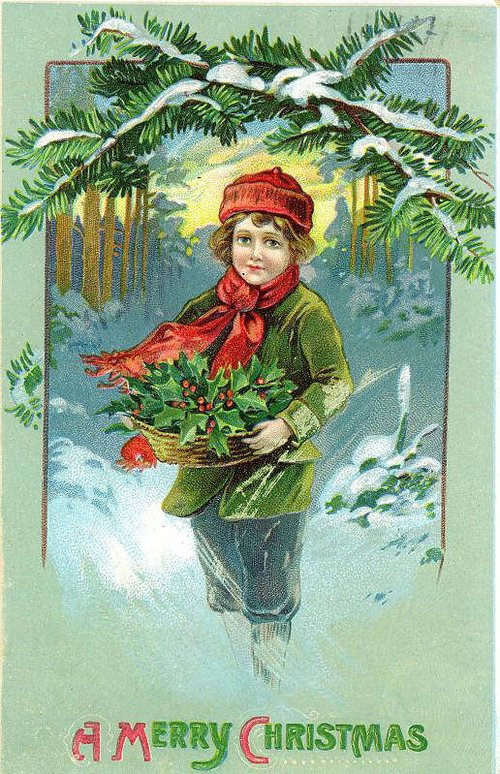 Victorian Christmas Greeting Card with Child & Holly