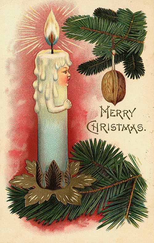 Victorian Christmas Candle Greeting Card with Evergreen Garland