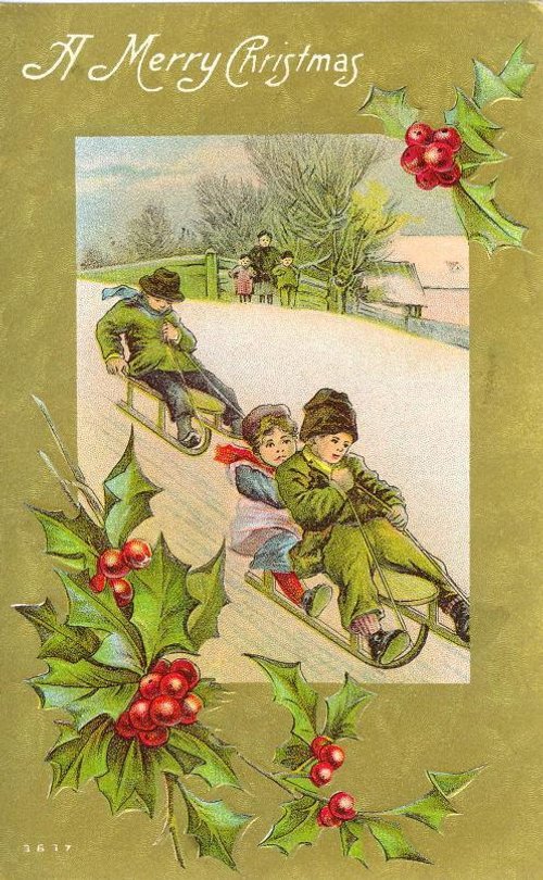 Victorian Christmas Card with Children Sledding & Holly