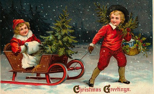 Victorian Christmas Greetings Card with Children and Christmas Tree