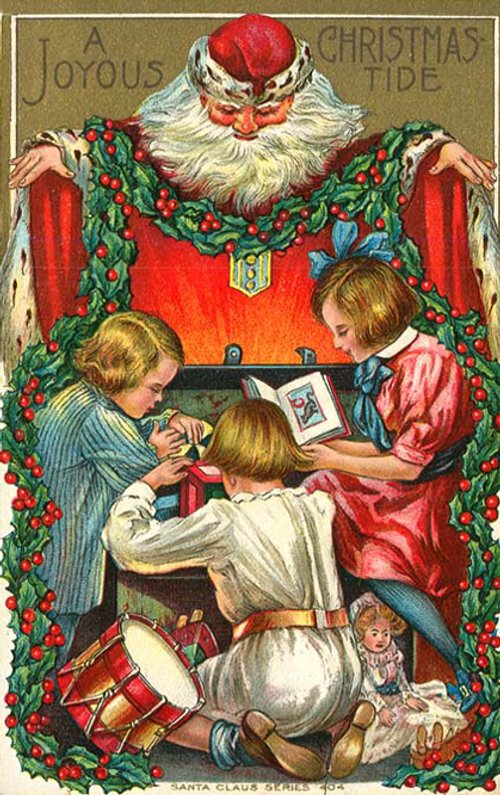 Victorian Santa Christmas Greeting Card with Children & Toys