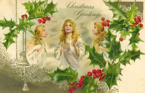 Victorian Christmas Greetings Angels Holly Berries Vintage Card