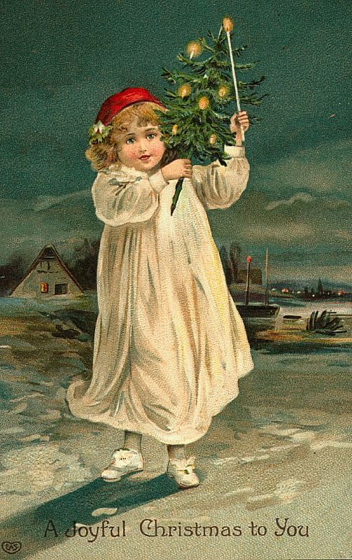 Victorian Christmas Card with Child Holding Small Christmas Tree