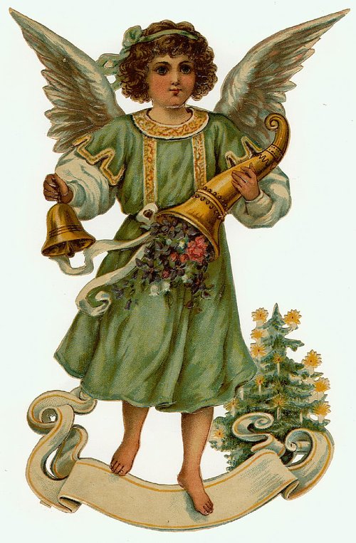 Victorian Angel Cherub Christmas Greeting Card Gold Green