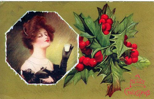 Victorian Christmas Greeting Card with Elegant Woman & Holly Berries