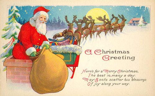 Vintage Christmas Greeting Card Santa Reindeer Sleigh Early 1900s
