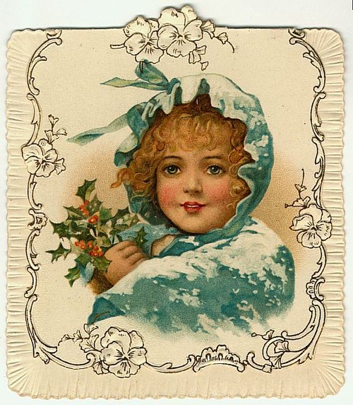 Victorian Christmas Card with Child in Teal Bonnet & Holly