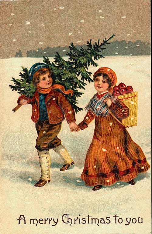 Victorian Children Christmas Card with Christmas Tree & Apples