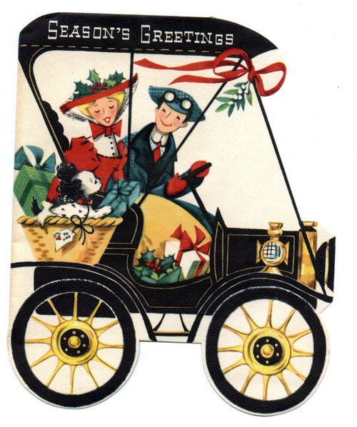 Vintage 1920s Art Deco Christmas Auto Greeting Card Die-Cut
