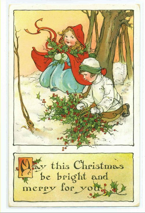 Victorian Christmas Greeting Card: Children Gathering Holly Berries